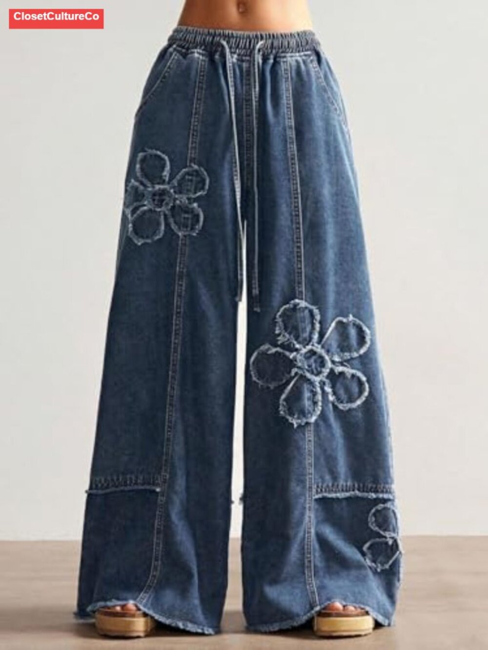 Baggy Wide Leg Jeans Women Drawstring High Waisted Distressed Denim Pants - Picture 5 of 6